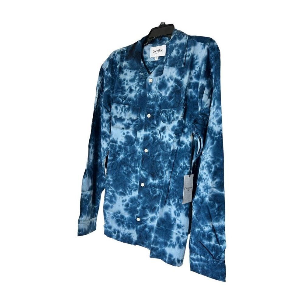 Corridor Mens Blue Tie Dye Collared Long Sleeve Button Up Shirt Sz XL New